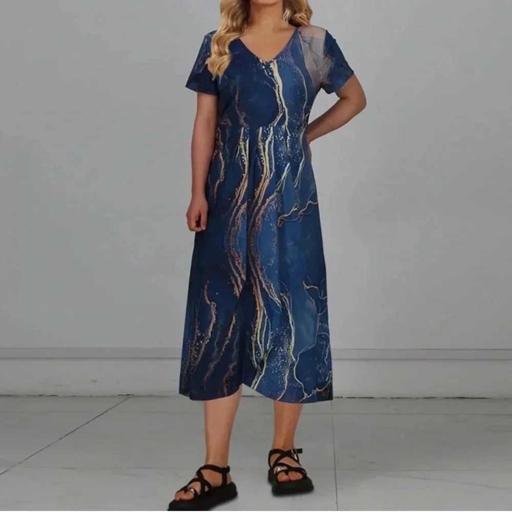 Maxi Long Dress Marble Chiffon Flowy Women Size Large V Neck Short Sleeve NWT